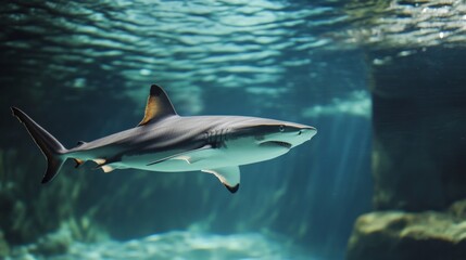 Fototapeta premium Shark swimming calmly but aimlessly inside a sterile tank, artistic metaphor for stagnation generative ai