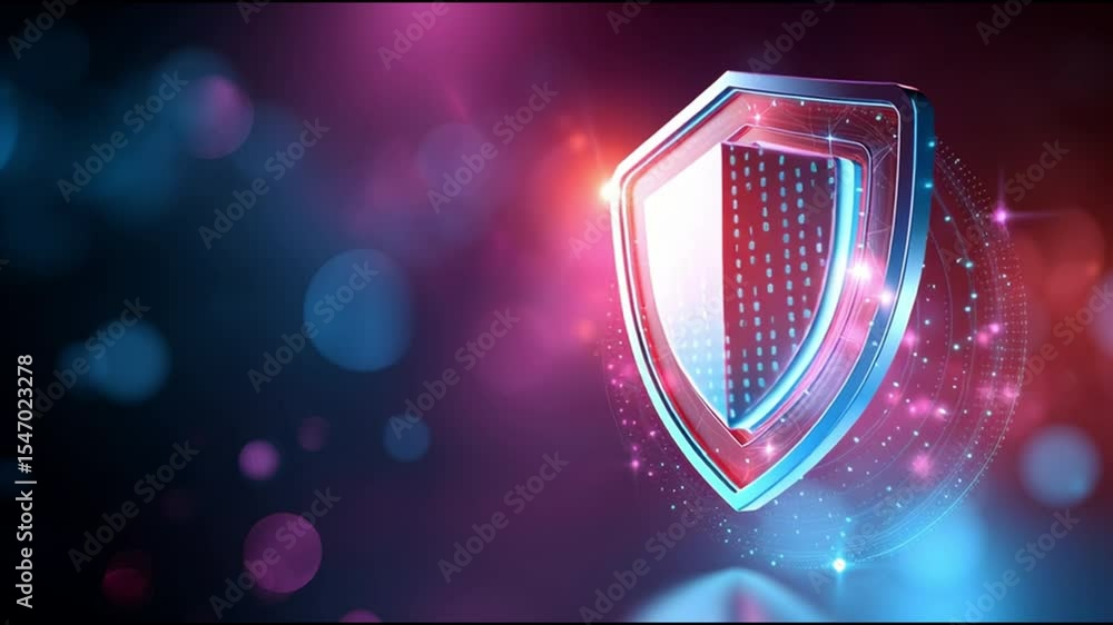 Poster glowing shield icon with futuristic design symbolizing cybersecurity and data protection amid vibran