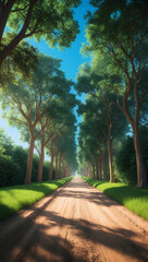 A dirt path through a park with lush green trees during the daytime in summertime. Ai Generative.