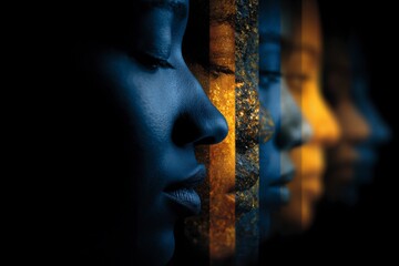 Diverse Faces Gold Blue Abstract Portrait Inclusion Equality