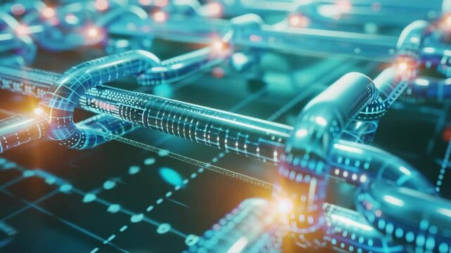 High tech computer circuit board with integrated blockchain chains and advanced connectivity for cloud computing and virtual reality data transfer.