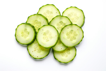 White surface composition featuring freshly cut cucumber rounds captured from an overhead perspective with vibrant color and clean presentation