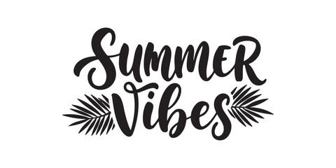 Silhouette of hand-lettered ‘SUMMER VIBES’ in bold brush script with swirls and palm leaf accents