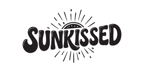 Black silhouette of word SUNKISSED with curved letters shaped like sun rays and watermelon seed accents