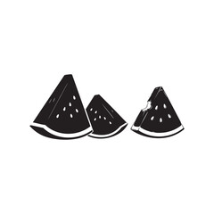 Black silhouette of sliced watermelon wedge with bite marks and seed cutouts – bold summer fruit design