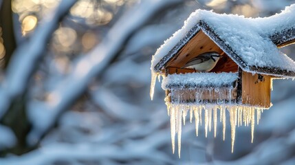 Snowy winter scene with bird feeder and icicles.