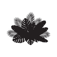 Silhouette of mixed summer tropical leaves including monstera, palm, banana, and fern in clustered form