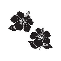Silhouette of two blooming hibiscus flowers with bold exaggerated petals and decorative leafy base design