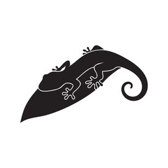 Black silhouette of gecko crawling on leaf edge with detailed feet and slightly curled tail in motion