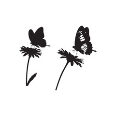 Minimalist black silhouette of two butterflies landing on a daisy flower with wide open wings