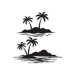 Black silhouette of tropical islands with palm trees, wavy water base, and distant abstract hill shape