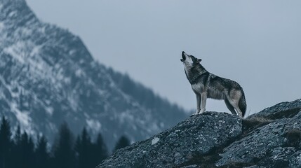 Fototapeta premium Majestic wolf standing on a rocky outcrop, calling out to the mountains.