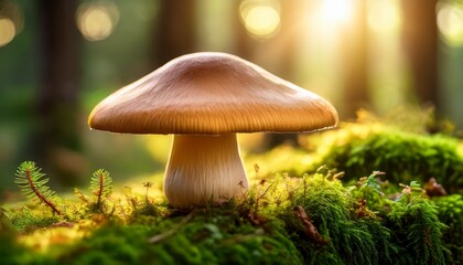 photorealistic close up of false blusher mushroom amanita rubescens in lush forest with golden sunlight and vibrant moss