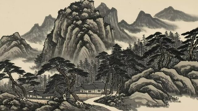 Traditional Korean Ink Painting of Mountains and Hanok Village