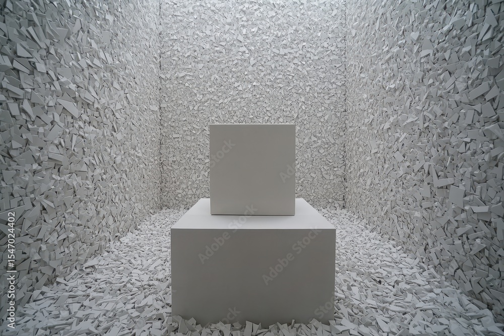 Poster white cube display platform in a room filled with fragmented white pieces.