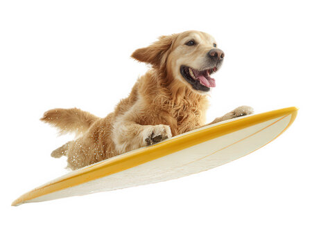 Golden retriever dog joyful expression wet fur yellow surfboard isolated transparency background playful pet summer concept