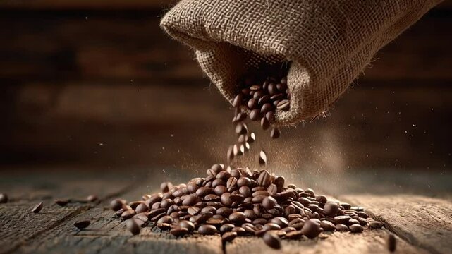 Close-Up View of Freshly Roasted Coffee Beans Pouring From a Burlap Bag on a Wooden Surface