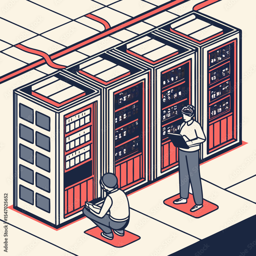 Poster data center infrastructure technicians maintaining server racks and network connections