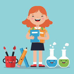 Happy red-haired schoolgirl holding books with smiling stationery and chemistry flasks vector illustration 