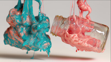 A tipped glass jar oozes glossy pink slime and a thick, marbled teal mass sticky goo - Generative AI