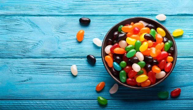 halloween sweets jelly beans in bowl on blue wooden background - Powered by Adobe