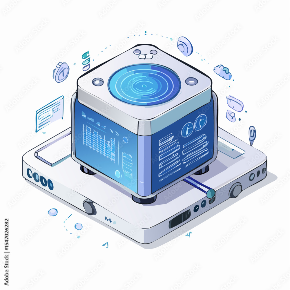 Poster futuristic holographic projector ai data visualization in isometric 3d