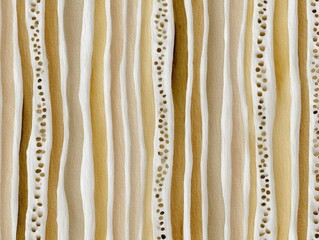 Wavy beige, brown, and white lines with dotted patterns create an abstract, organic texture.