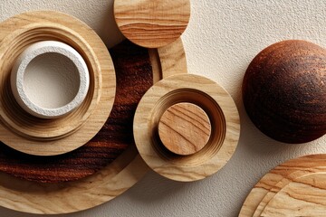 Abstract arrangement of round wooden and textured objects on a neutral surface, showcasing natural wood grain patterns and earthy tones.