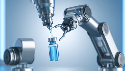Robotic Precision: A high-tech, sleek robotic arm expertly handles a medical vial, showcasing precision and innovation in modern science, technology, and medicine.