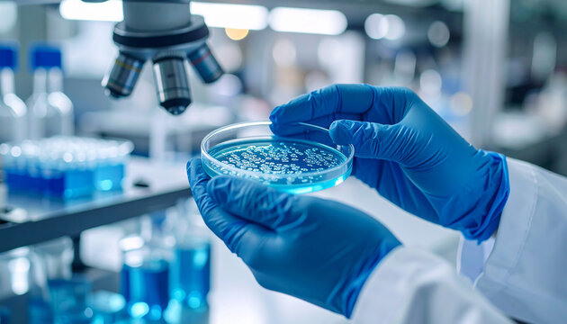 Laboratory Observation: A scientist meticulously examines a petri dish containing a vibrant blue solution under a microscope. This shot highlights the intricate nature of scientific research.
