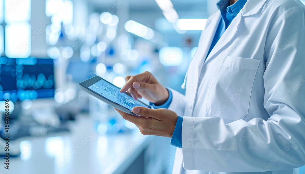 Poster scientist in lab: a scientist wearing a lab coat uses a tablet in a state-of-the-art laboratory envi