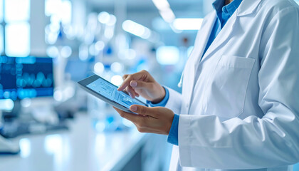 Scientist in Lab: A scientist wearing a lab coat uses a tablet in a state-of-the-art laboratory environment, analyzing data and conducting research.