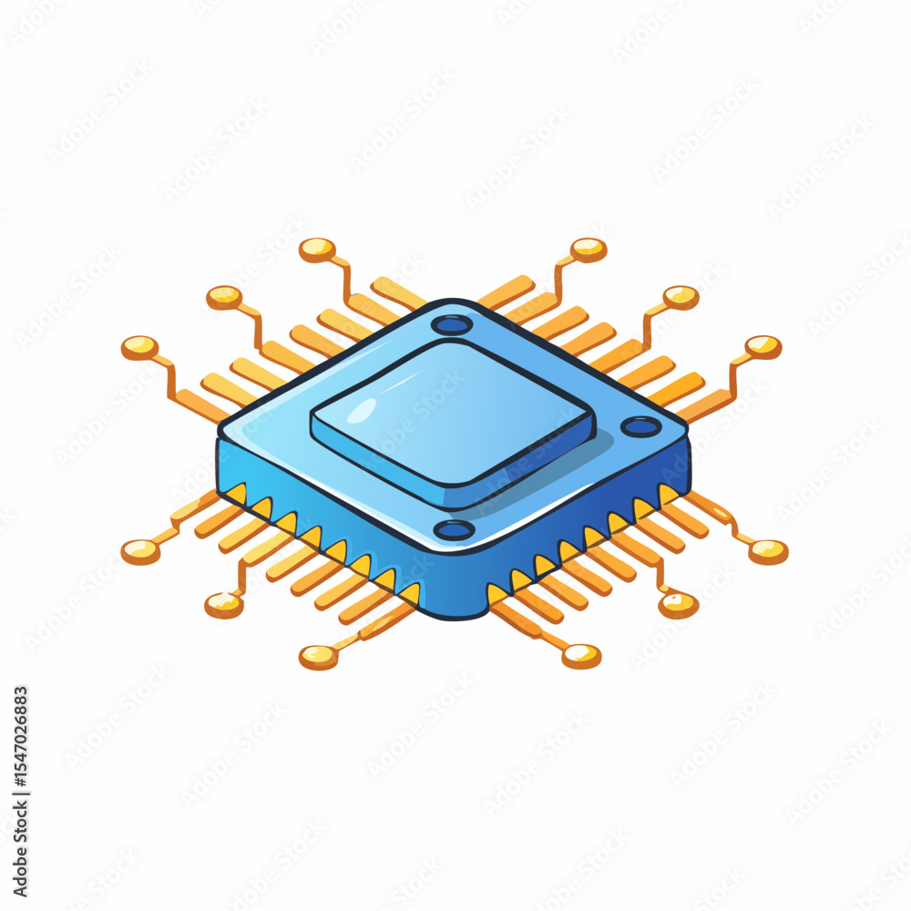 Poster isometric 3d microchip icon advanced computing power, glowing pathways, high-tech design