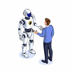 Fototapeta premium Human-Robot Collaboration Isometric 3D Illustration of AI Partnership, Symbolizing Technological Advancement and Future of Work