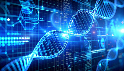 DNA Double Helix on Digital Display: Illustrating the marvels of genetic code and scientific innovation, this image displays a captivating double helix against a glowing digital interface.