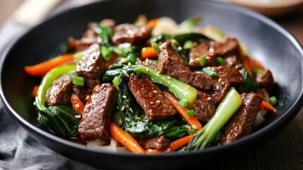 Fototapeta premium Stir-fried beef with bok choy and carrots, Asian-inspired healthy meal concept generative ai
