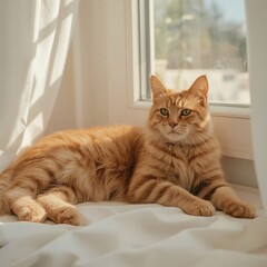 Cat sitting on a window sill looking outside with soft fur and curious eyes