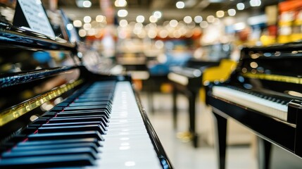 Elegant Grand Piano Keys in a Music Store with Blurred Background