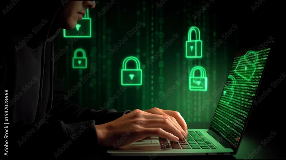 Poster typing in dark green padlock, binary code, and cybersecurity themes on laptop highlighting hacking, 