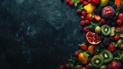 Colorful assortment of fresh fruits and berries arranged on dark surface.