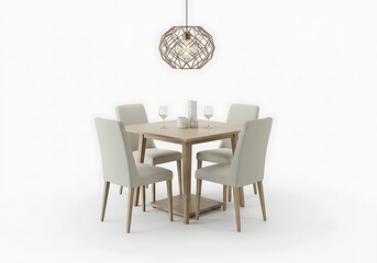 Dining room setup with square table chairs and decorative hanging lamp