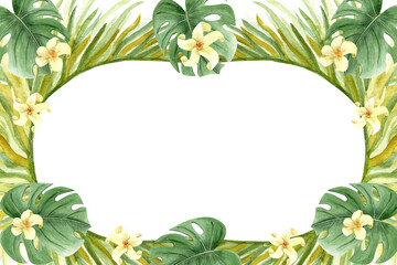 Palm, monstera leaves, white flower tropical foliage, watercolor horizontal frame isolated on white. Hand drawn design perfect for banners, cards, labels, decor, textile design. Rain forest clip art