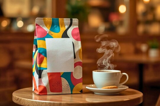 Vibrant Abstract Doypack Packaging on Cozy Cafe Table