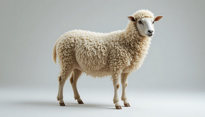 Fototapeta premium Fluffy White Sheep Standing Profile, Soft Light Studio Shot