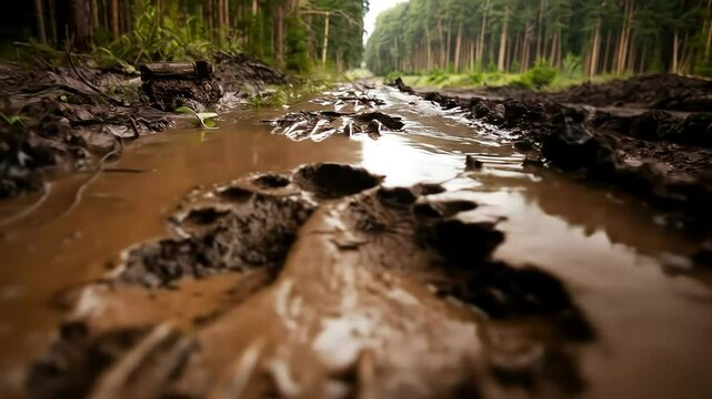 Clawed predator tracks and heavy tire treads mark a muddy forest road, showing nature and industry clashing