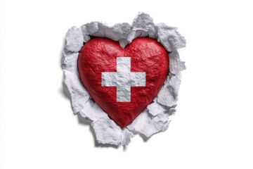Swiss flag heart stone breaking through paper isolated on white background