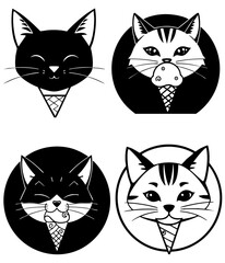 Cute cat eating ice cream. Coloring book page set. Black and white vector illustration for kids.