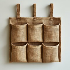A woven wall organizer with six pockets, made from natural fibers, designed for hanging and storage.