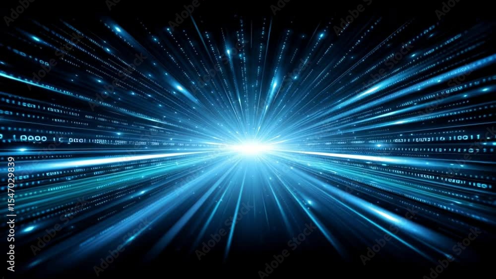 Poster futuristic digital burst of light with glowing blue rays and binary code, symbolizing technology, sp