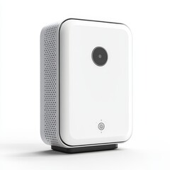 Obraz premium Compact white air purifier with a modern design, featuring a circular vent and perforated sides for efficient air filtration.